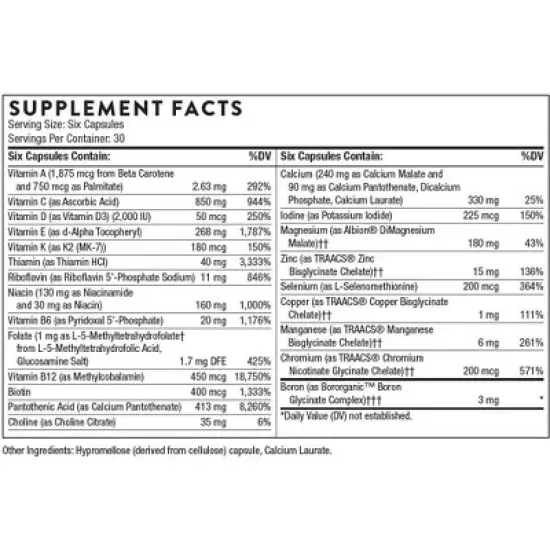 THORNE Women's Multi 50+ - Daily Multivitamin with Vitamins A, B6, B12, C, Zinc & More - Support Heart, Brain, Bone & Immune Health* - 180 Capsules image {1}