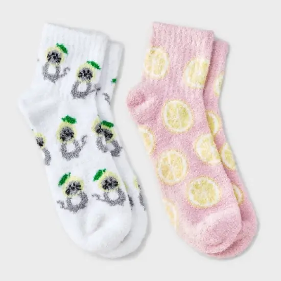 Women's Cats & Lemons 2pk Cozy Quarter Crew Socks - White/Pink 4-10: Midweight Velour Ribbed Fabric image {3}