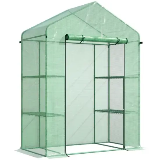 Outsunny 56" x 29" x 77" Walk-in Greenhouse Kit, Portable Green House with 3 Tier Shleves, Roll-Up Door, PE Cover for Backyard Garden image {8}