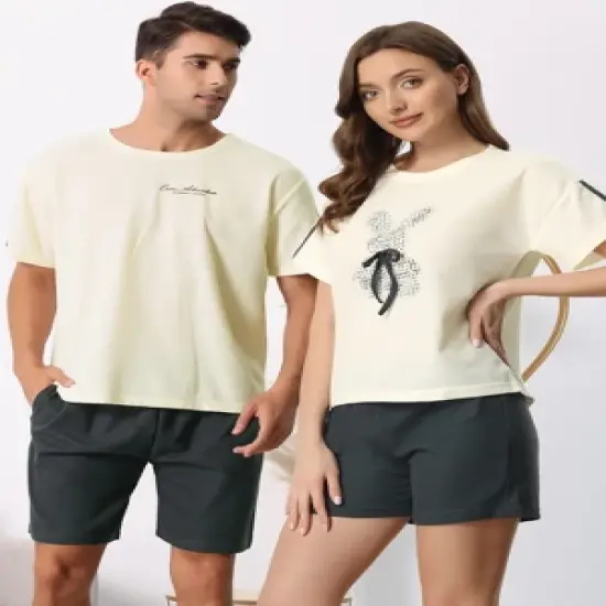 cheibear Men's Sleepwear Short Sleeve T-Shirt with Shorts Cute Print Couple Pajama Sets image {2}