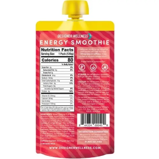 Designer Wellness Energy Smoothie, Real Fruit, 100mg Natural Caffeine, 5g Protein, Zero Added Sugar, Gluten-Free, Strawberry Watermelon, 12 Count image {1}