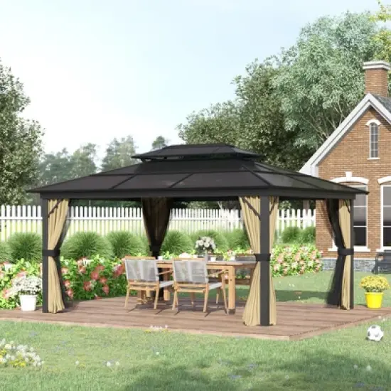 Outsunny 11x15 Hardtop Gazebo with Aluminum Frame, Polycarbonate Gazebo Canopy with Ceiling Hooks, Curtains and Netting, Beige image {1}