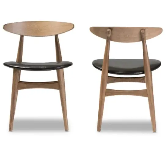 Set of 2 Edna Mid-Century Modern French Black Faux Leather & Oak Light Brown Finishing Wood Dining Chairs - Baxton Studio image {1}