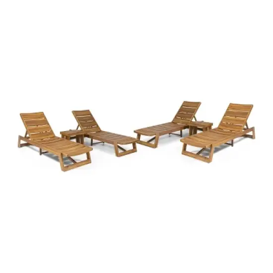 Kyoto 6pc Outdoor Acacia Wood Chaise Lounge Set with Cushions: Weather-Resistant, UV-Resistant - Christopher Knight Home image {7}