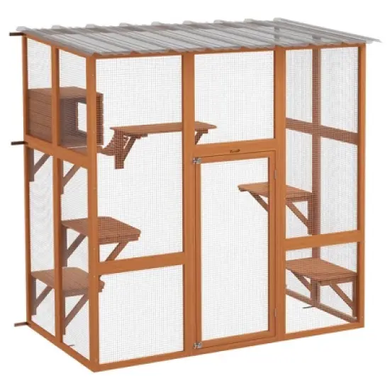 PawHut Catio, Outdoor Cat Enclosure Window Box Wooden Cat House w/ Weather Protection Roof for 2 Kitties with Resting Box, Platforms & Bridge image {7}