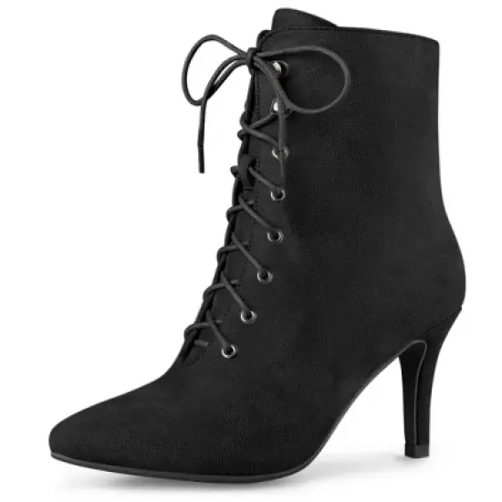 Allegra K Women's Pointy Toe Zip Lace Up Stiletto Heel Ankle Boots image {8}
