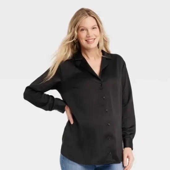 Long Sleeve Satin Button-Front Maternity Shirt - Isabel Maternity by Ingrid & Isabel&trade; image {4}