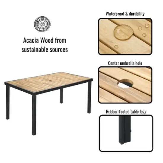 FIONECA All-Weather 7-Piece Patio Dining Set with Acacia Wood Table Top & Umbrella Hole, Brown Gray Rattan Outdoor Conversation Set image {8}