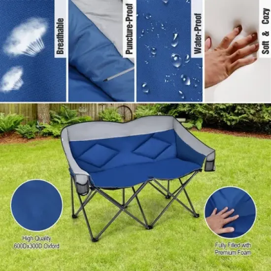 Costway Folding Camping Chair Loveseat Double Seat w/ Bags & Padded Backrest Gray\Blue image {4}