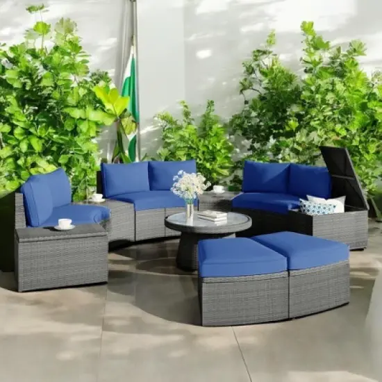 10-Piece Outdoor Patio Rattan Sofa Set with Cushions, Side Tables, Ottomans & Round Table &acirc;&acirc;&sbquo;?Light Gray PE Wicker Sectional Set image {14}