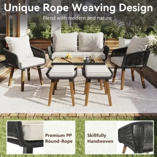 6-Piece Outdoor Wicker Sofa Set with Unique Rope Weaving, Acacia Wood Coffee Table with Ice Bucket, and Ottomans image {11}