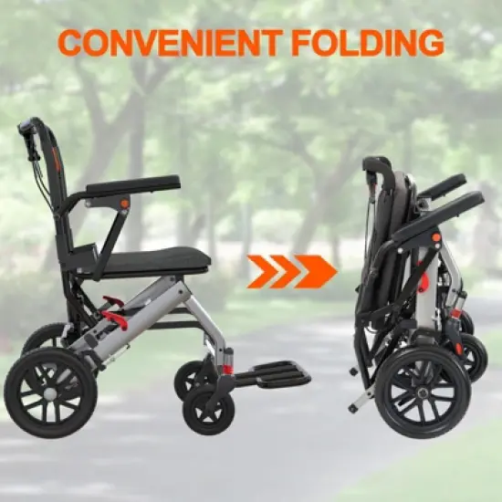 Ultra-Light Portable Transport Wheelchair, Foldable w/Lock Brakes & Flip Armrests image {6}