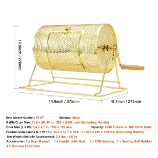 VEVOR Raffle Drum,Holds 2500 Tickets or 100 Ping Pong Balls, Metal Lottery Spinning Drawing with Wooden Turning Handle image {7}