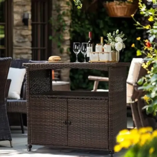 VINGLI Wicker Outdoor Bar Cart with Storage & Rolling Wheels, Patio Bar Table, Outdoor Storage Cabinet Buffet Cabinet Grill Cart for BBQ Pool Patio image {5}