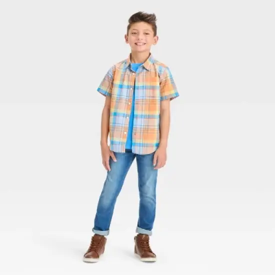 Boys' Short Sleeve Plaid Button-Down Shirt - Cat & Jack&trade; Orange image {2}