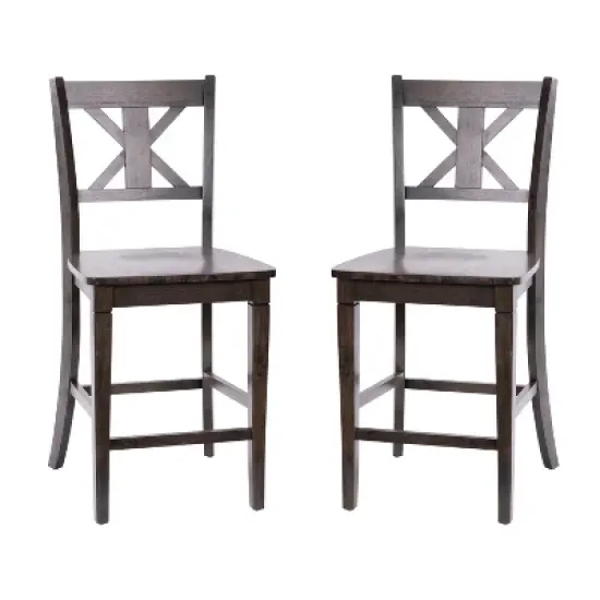 Emma and Oliver Set of 2 Wooden Modern Farmhouse Bar Height Dining Stool with Decorative Carved Backrest and Wood Seat image {11}