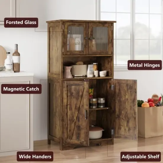 54in Tall Farmhouse Freestanding Kitchen Pantry Cabinet with Glass Doors and Adjustable Shelves Cupboard image {4}
