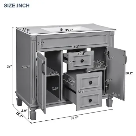 Mshliw 36 Inch Bathroom Vanity with Sink, Modern Freestanding Storage Cabinet with 2 Soft Closing Doors and 2 Drawers, Single Sink Bath Vanity(Blue) image {8}