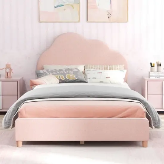 HoneyjoyKids Twin Platform Bed Frame Upholstered Twin Size Bed with Wooden Slats Support image {3}