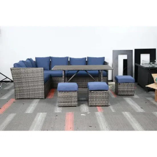 COWLOWN 7 Piece Blue Outdoor Patio Furniture Set, Brown Rattan with Dining Table, 3 Ottomans, Thickened Cushions for Backyard, Deck and Garden image {7}