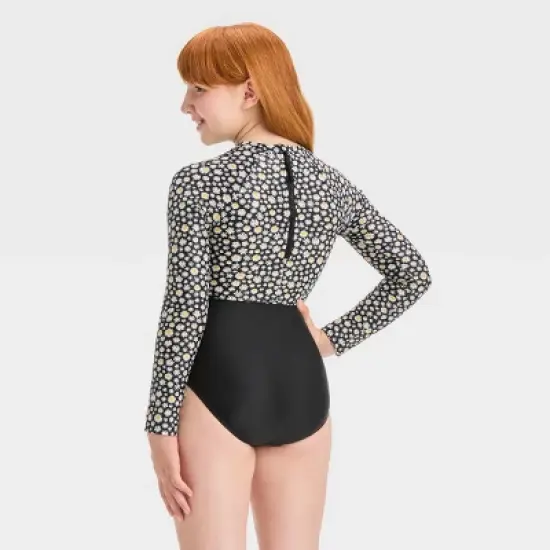 Girls' 'Dozens of Daisies' Floral Printed One Piece Rash Guard Swimsuit - art class&trade; Black image {2}