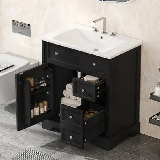 30" Bathroom Vanity with Ceramic Sink Top, Bathroom Storage Cabinet with Door & 2 Drawers, Solid Wood & MDF - ModernLuxe image {1}