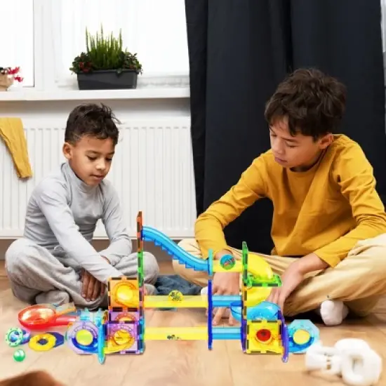 PICASSO-TILES Marble Run Magnetic Tiles for Kids, 62PCS Pete the Cat Theme, Construction Magnet Tiles Race Track Building Blocks STEM Toy image {4}