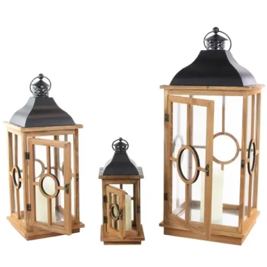 Northlight Set of 3 Natural Wood Candle Lanterns with Black Metal Tops 26.5" image {3}