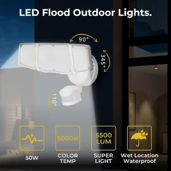 ZAFRO LED Flood Motion Sensor Outdoor Lights, 50W 5500LM 5000K Wet Location Waterproof,4 Lighting Modes, 4 Lighting Durations, White. image {5}