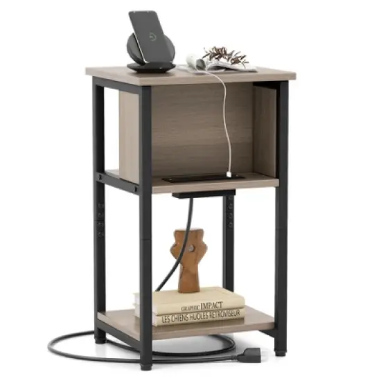 Costway 1/2 PCS Nightstand 3-Tier End Table with Charging Station USB Ports & Power Outlets Grey & Black image {9}