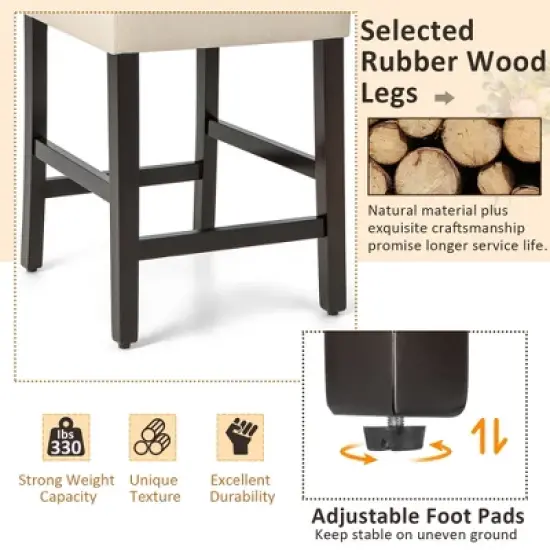 Costway Set of 4 Upholstered Bar stools 25'' Bar Height Chairs with Rubber Wood Legs Grey/Beige image {7}