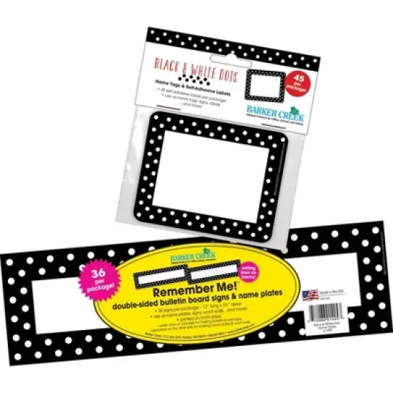 Black & White Dots Name Tag, Bulletin Board Signs and Name Plate Set - Barker Creek: Desk Name Plates, Cubby Tags, 81 Pieces image {3}