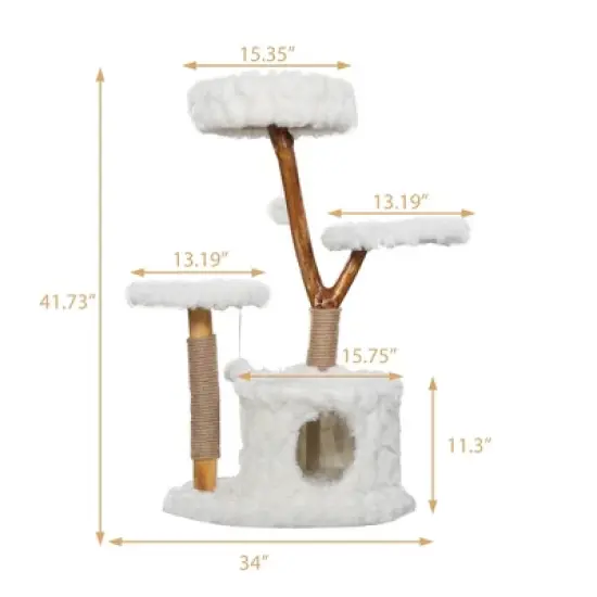 Sandinrayli Cloud Cat Tree Tower, Solid Natural Wood Branches, White image {6}