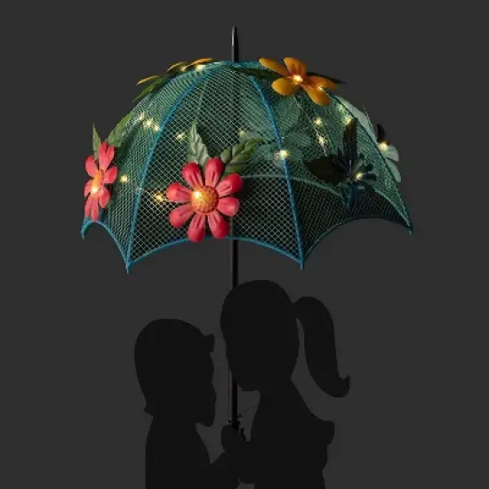 39" Iron Boy & Girl Silhouettes Holding Solar Lighted Umbrella - Alpine Corporation image {4}