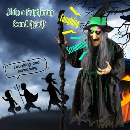 Tangkula Witch with Broomstick Halloween Animatronic Life Size Animated Halloween Prop with Laughing and Screaming Sound LED Lights image {5}