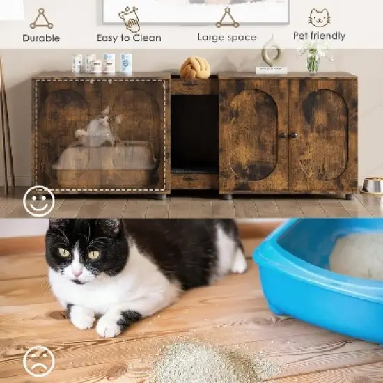 55in Wide Cat Litter Box Enclosure, Double Litter Box Furniture, Hidden Large Kitty Cabinet for 2 Cats, Cat Cage with Litter Pad image {4}