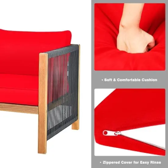 Tangkula Outdoor Patio Wood Conversation Furniture Set Padded Chair with Coffee Table Red/Turquoise image {2}