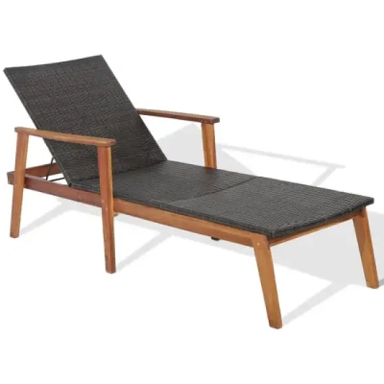Tangkula Adjustable Patio Rattan Lounge Chair  Recliner Outdoor Chaise Acacia Wood Frame image {9}