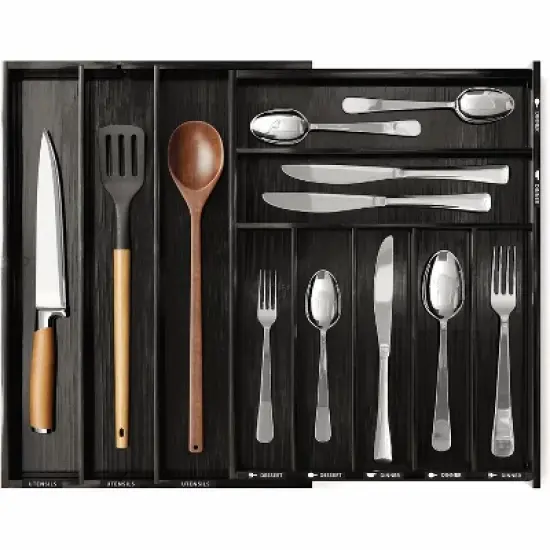 Bamboo Silverware Drawer Organizer with Labels, Expandable(Black, 10 Slots) image {7}