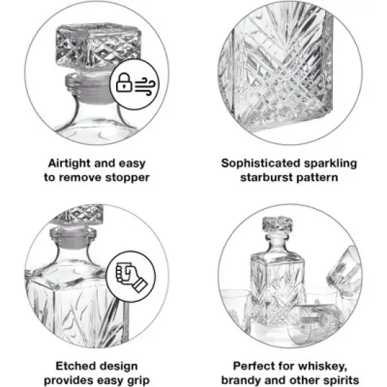 Bormioli Rocco Selecta Decanter - Etched Starburst Glass with Airtight Diamond Stopper - 33.75 Oz. Italian Glass Barware, Dishwasher Safe image {2}