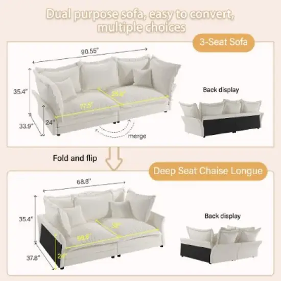 CAVINAS Modern Upholstered Loveseat Sofa, Deep Seat Couches with Multiple Large Soft Pillows, Convertible Deep Seat Chaise Longue, Cloud Couch Sofa image {8}