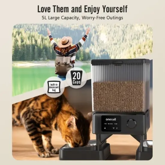 Oneisall PFD-002 PRO 5G WiFi Automatic Dog and Cat Feeder, 5L Automated Food Dispenser w/ App Control for 2 Cats image {7}