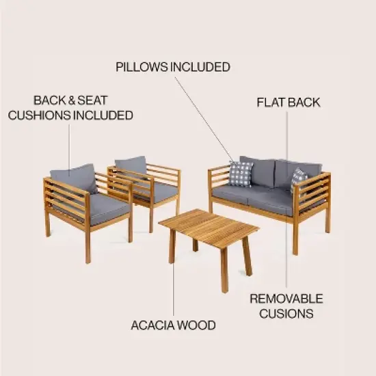 Thom 4-Piece Mid-Century Modern Acacia Wood Outdoor Patio Set with Cushions and Plaid Decorative Pillows - JONATHAN Y image {3}