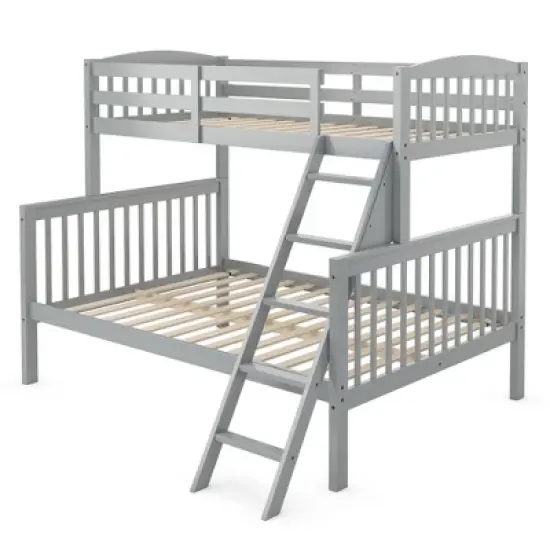 Costway Twin over Full Bunk Bed Rubber Wood Convertible with Ladder Guardrail image {2}