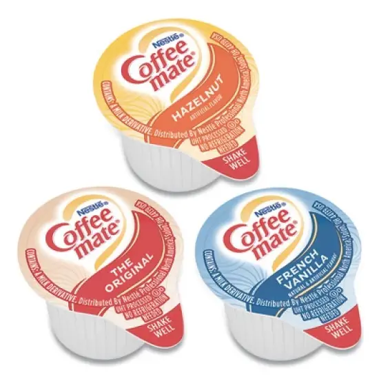 Coffee Mate Liquid Coffee Creamer, French Vanilla/Hazelnut/Original, 0.38 oz Mini Cups, 150/Carton image {1}