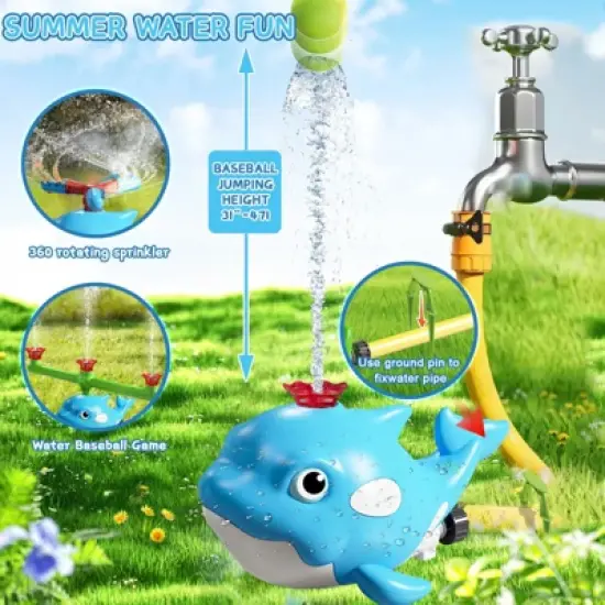 TITQWOP Whale-Shaped 4-in-1 Water Sprinkler&Baseball Toy for Kids&ndash;Rotating Sprinkler,Tee Ball Game&2 Water Blasters&ndash;Summer Backyard Fun for Boys&Girls image {1}