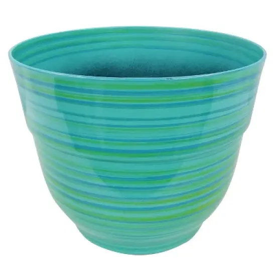 Alpine Corporation Glossy Striped Indoor Outdoor Planter with Drainage Hole Turquoise 13"x13"x11": Polypropylene, Freestanding image {3}