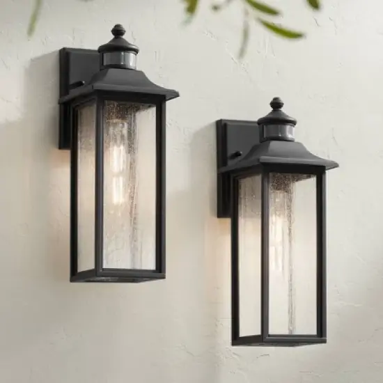 John Timberland Mission Outdoor Wall Light Fixtures Set of 2 Black Motion Sensor 16 1/2" Seeded Glass for Post Exterior Barn Deck image {1}