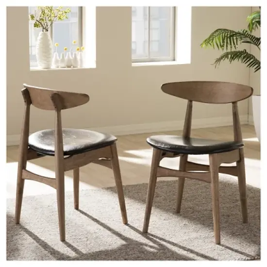 Set of 2 Edna Mid-Century Modern French Black Faux Leather & Oak Light Brown Finishing Wood Dining Chairs - Baxton Studio image {3}