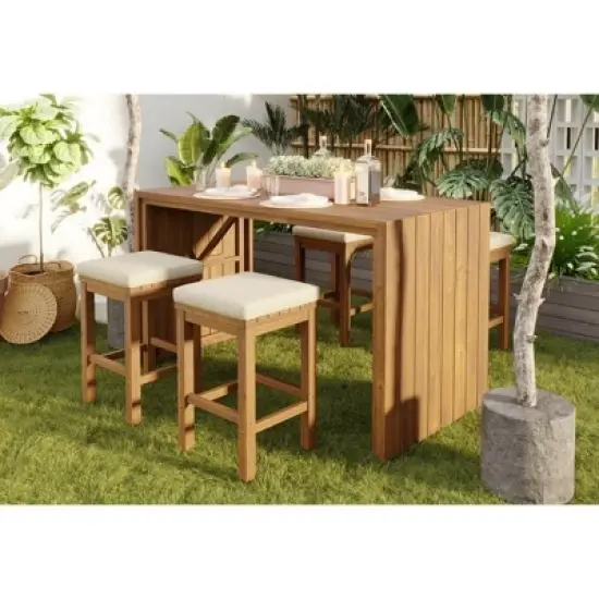 5 Piece Outdoor Bar Set with Cushions, Acacia Wood Patio Bar Height Table and 4 Stools for Backyard, Wood Bar Set with Adjustable Feet-Koiai image {1}
